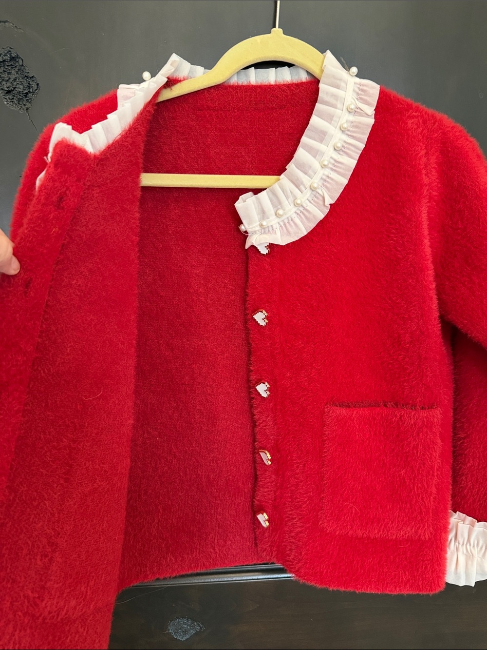High End Red Ruffled Collar Heart-Button Sweater Size Small - Picture 5 of 5